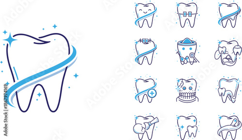 Dental Care Tooth Icon Set with Clean, Healthy Smile, Braces and Medical Treatment Vector.
