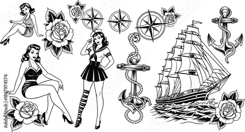 Vintage Nautical Tattoo Illustration Set with Pinup Girls, Anchors, Roses and Sailing Ship Vector.
