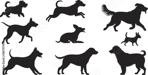 Silhouettes of Various Dog Breeds in Different Poses Keywords: dog, puppy, canine, pet, animal, silhouette, breed, running