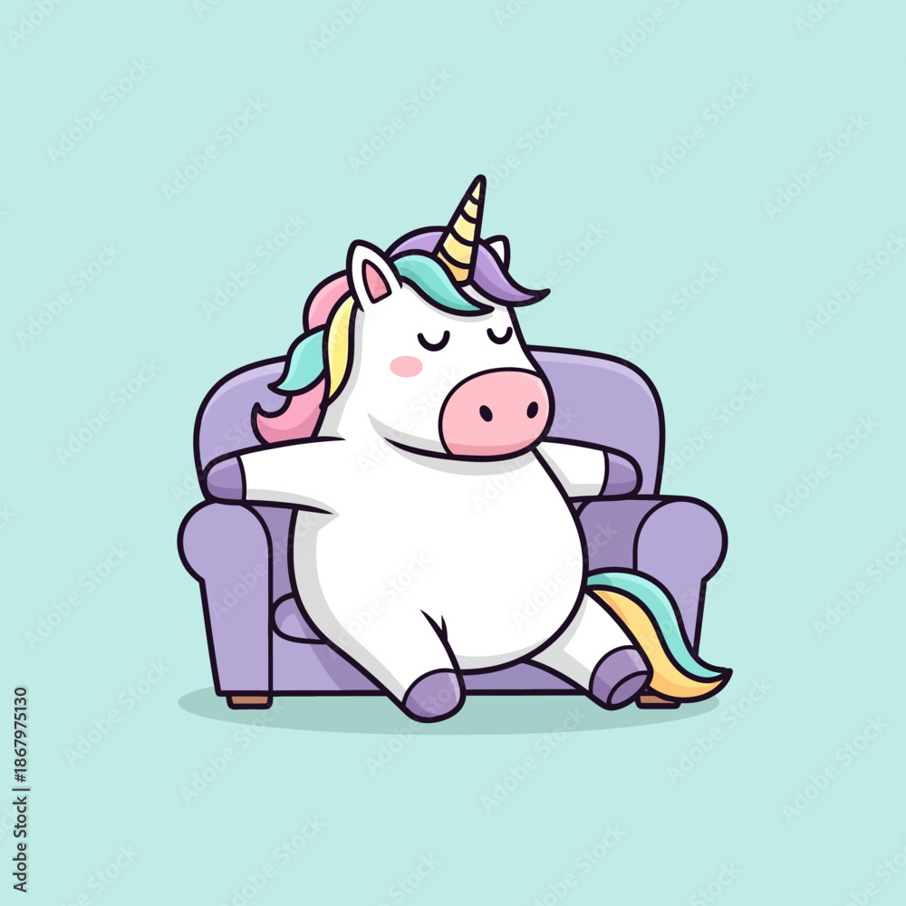 Fototapeta premium Cute Fat Unicorn Relaxing on a Sofa.