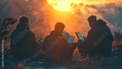 Engaging Christian friends in Bible study as they gather at sunset in a serene mountainous landscape surrounded by nature
