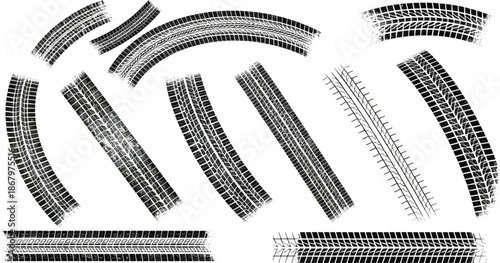 Grunge Tire Track Texture Set with Curved and Straight Vehicle Tread Marks Vector.