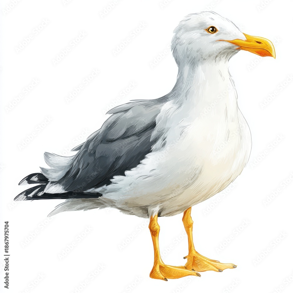Obraz premium Detailed Portrait Of A Seagull Standing Against A White Background With Yellow Beak And Feet