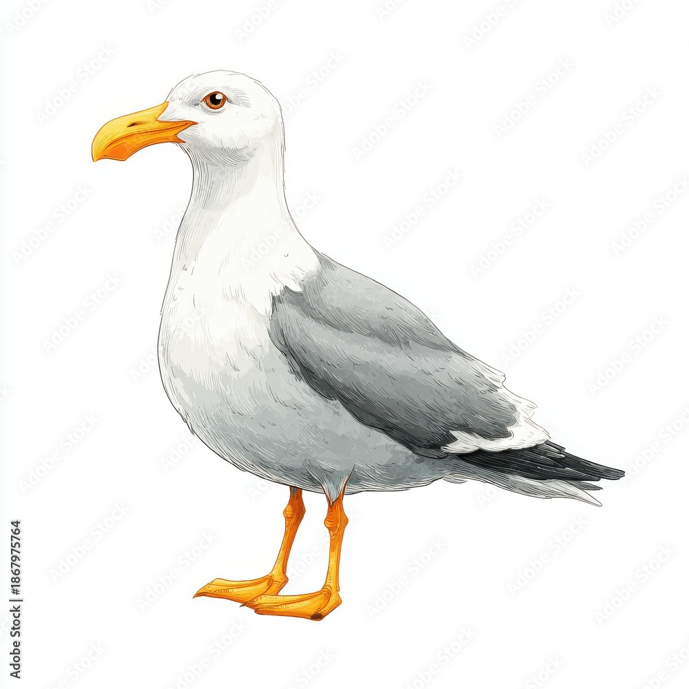 Obraz premium Detailed Watercolor Painting of a Seagull with White and Gray Feathers and Yellow Beak Standing