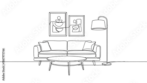 Stylish minimalist living room interior with modern furniture and abstract wall art, elegant sketch design
