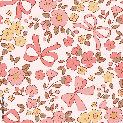 Seamless vector pattern with romantic summer flowers and tiny bows. Hand drawn liberty floral design on isolated background. Perfect for textile, wallpaper or nursery print design. 