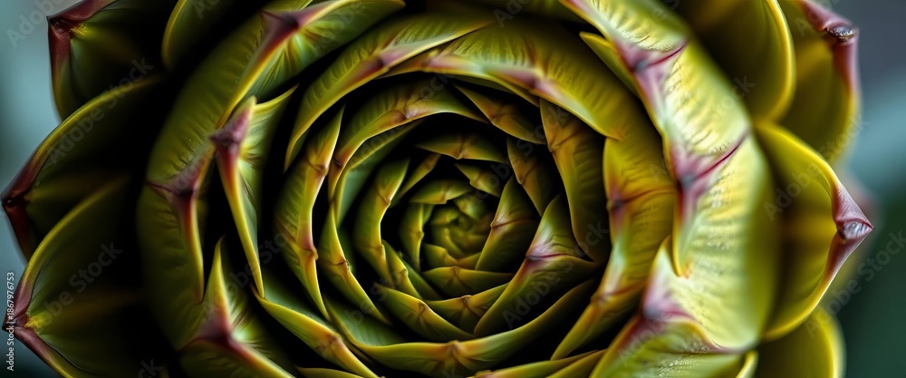 Obraz premium Close-up of artichoke showing spiraling Fibonacci sequence in its bracts, closeup, leaves