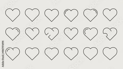 A set of minimalist heart icons in various styles and designs for use in digital applications