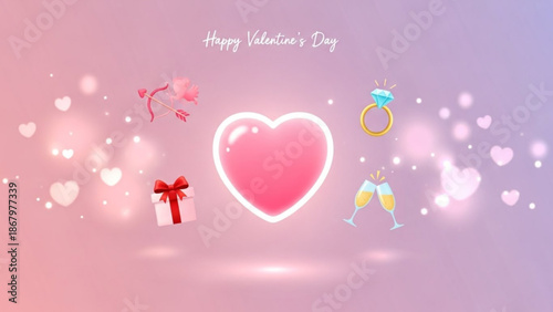 A colorful Valentine's Day illustration with heart symbols and romantic icons on a pink background