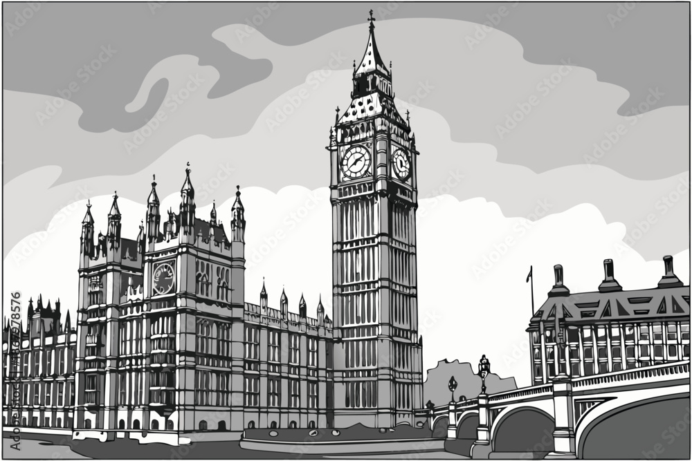 Fototapeta premium Abstract silhouette Big Ben Clock Tower Icon – Famous British Landmark Representing Time, History, and London City Vector illustration, isolated on white background.