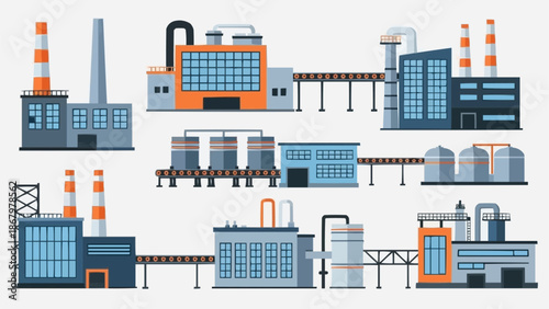 Collection of industrial factory buildings and structures.