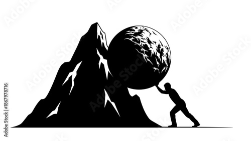 A determined silhouette of a man strenuously pushing a massive, rough boulder up the steep incline of a towering mountain.