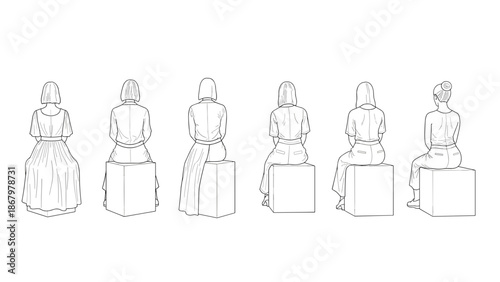 A minimalist line art illustration depicting six individuals seated in a row, observed from their backs, showcasing diverse forms.