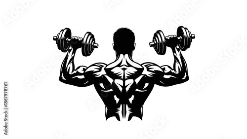 A powerful black silhouette depicting a muscular man flexing his well-defined back while lifting heavy dumbbells, showcasing strength and fitness.