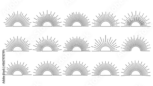 A striking collection of varied sunburst and sunrise radiating line patterns, depicting abstract light rays and energy, isolated on a clean white background.