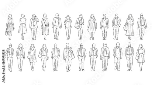 A comprehensive collection of human figures in detailed line art, illustrating various walking styles and clothing designs.