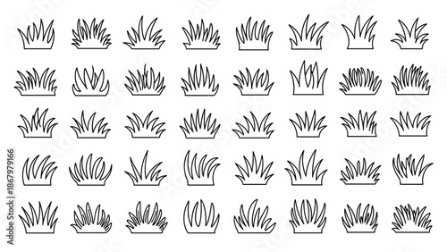 A comprehensive assortment of numerous simple line art illustrations depicting various tufts and clumps of grass in a minimalist style.