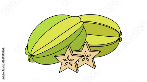 A delightful illustration of whole star fruits and perfectly sliced star fruit pieces, highlighting their distinctive shape and edible nature.