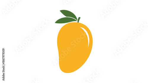 A bright and appealing illustration of a ripe, yellow mango fruit, complete with vibrant green leaves, showcasing its fresh and tropical nature.
