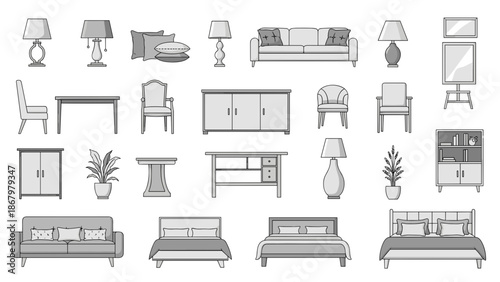 A comprehensive grayscale collection of various household furniture items, including sofas, beds, tables, chairs, and lamps, designed for home interior concepts.