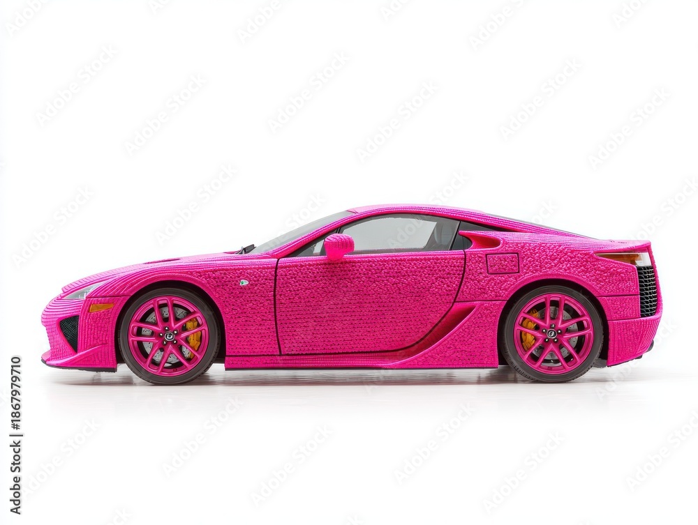 Naklejka premium Bright Pink Sports Car Rendered in Pixel Art Style on White Background