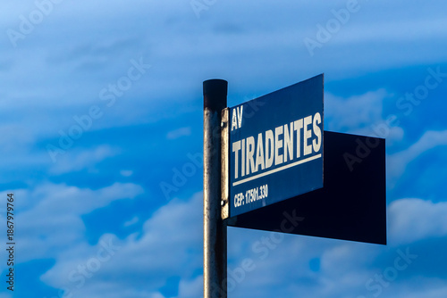 Tiradentes Avenue street sign in  Brazil. A tribute to the Brazilian national hero Joaquim Jose da Silva Xavier, known as Tiradentes.