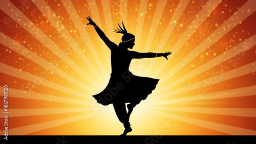 A silhouette of a dancing woman in a vibrant orange and yellow background with rays of light