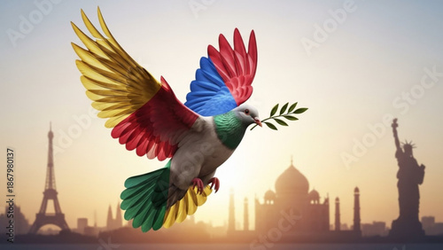 A colorful dove flies over iconic landmarks with an olive branch in its beak at sunset