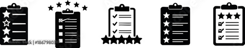 Training Evaluation & Certification. A series of black clipboards featuring checklists and star ratings, representing reviews, assessments, and organizational tools.
