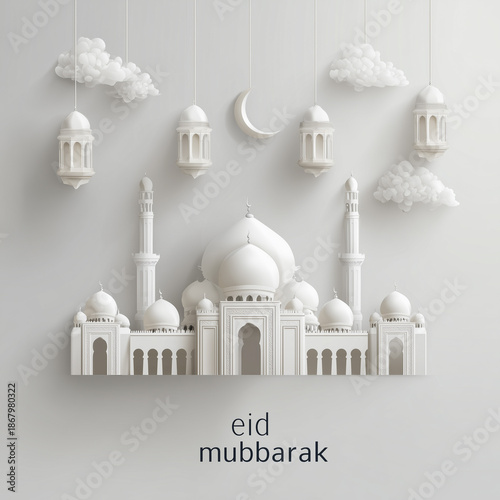 Eid mubarak greeting card with white mosque and lanterns on white background