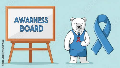 A cartoon polar bear stands next to an awareness board and a blue ribbon, symbolizing support for a cause.