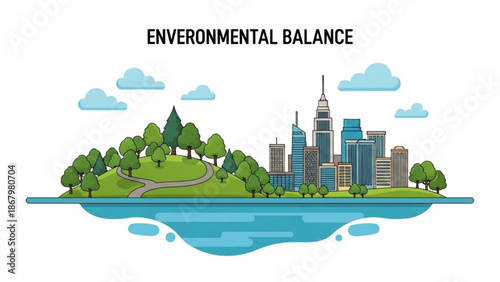 Eco friendly cityscape with green park and modern skyscrapers