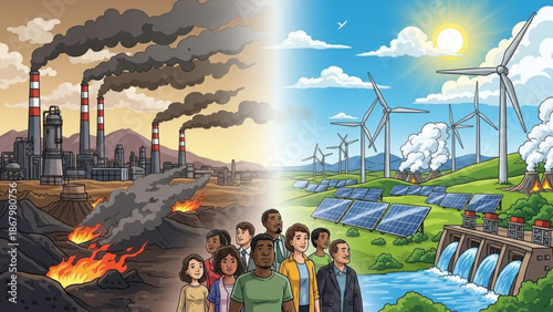 People standing between polluted industrial landscape and clean renewable energy