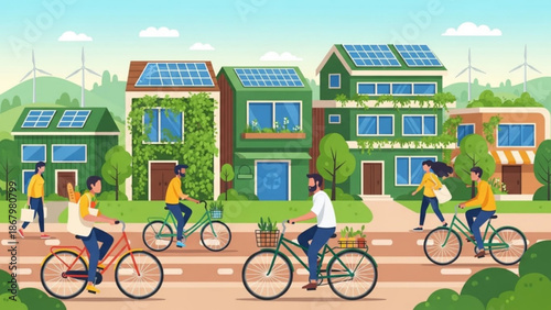 Eco friendly neighborhood with people cycling and green houses