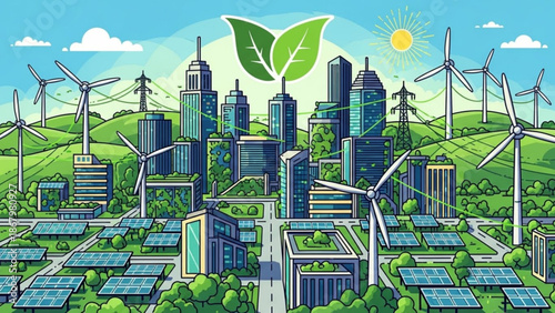 Sustainable cityscape with solar panels and wind turbines in green landscape