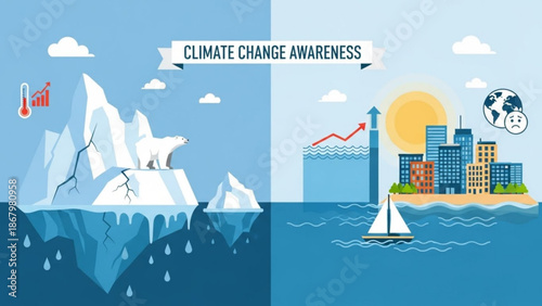 Climate change awareness illustration with polar bear on melting iceberg and cityscape with rising sea levels