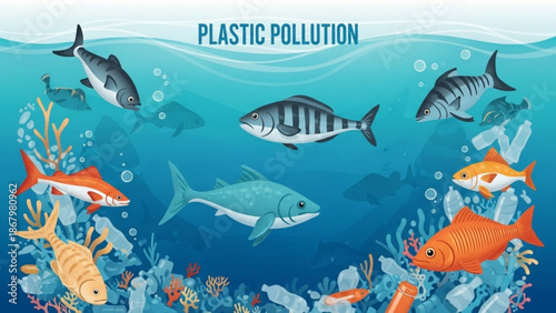 Vibrant ocean scene with fish swimming amidst plastic pollution