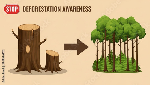 Deforestation awareness concept with tree stumps turning into forest