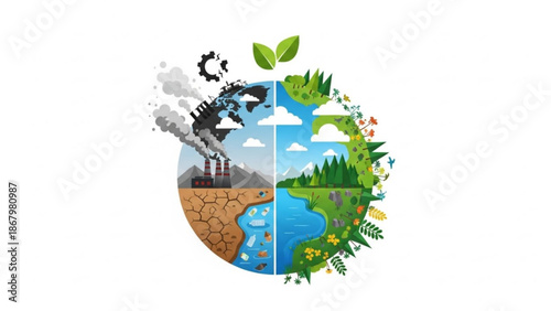 Earth divided into polluted and clean halves with industrial and natural landscapes