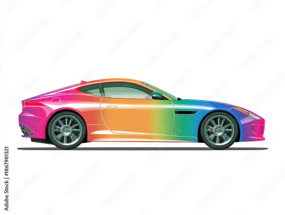 Obraz premium Colorful Sports Car Featuring A Vibrant Rainbow Gradient Paint Scheme Against A White Background