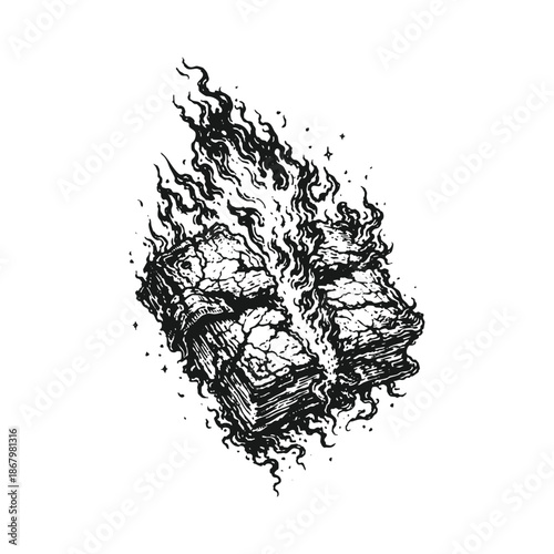 Burning Forbidden Book in Dark Fantasy Ink Illustration