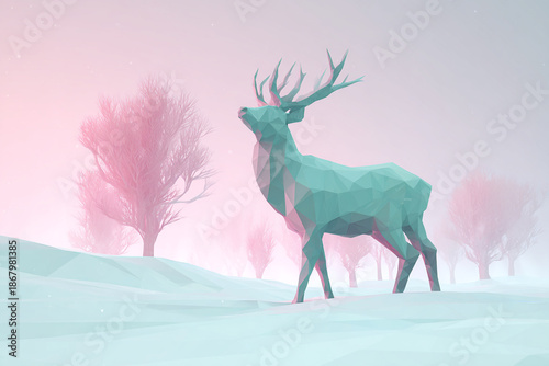 Geometric design deer standing in pastel winter landscape, soft colors and modern digital art style.