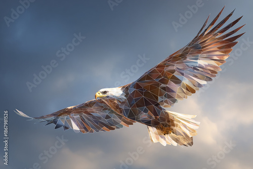 Polygonal crystal eagle flying in sky, combining wildlife symbolism with futuristic digital art and freedom concept.