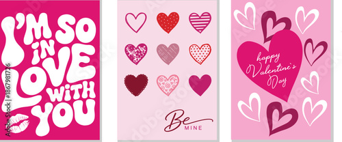Three playful Valentines Day cards express love with bold typography, diverse heart designs, and romantic messages