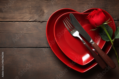 Romantic heart shaped plates with rose and cutlery on wooden table for valentines day