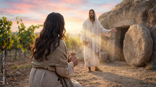 Jesus appearing to Mary Magdalene by stone tomb in vineyard at sunrise  