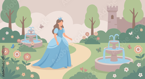 Princess in Royal Garden
A flat vector illustration of a princess walking through a royal garden filled with flowers and fountains. Butterflies and greenery appear around her.