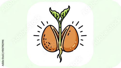 A vector graphic illustration of a seed sprouting into a plant with green leaves and roots