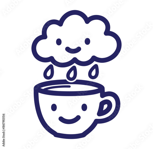 Cute cartoon illustration of a smiling cloud raining down on a happy coffee cup
