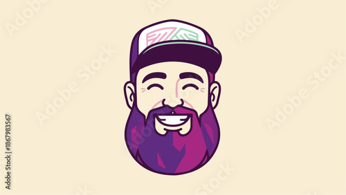 Happy man with beard and cap smiling widely.
